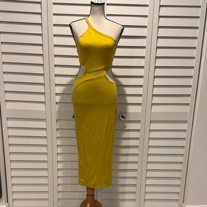 JLUXLABEL One-Shoulder Cut out lined bodycon Yellow Dress with mesh detail.